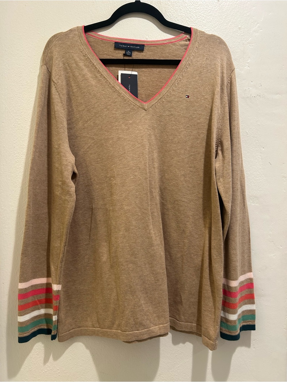 Tommy Hilfiger V-Neck Sweater in Camel with Pink-Trim & Multicolor Stripe Cuffs